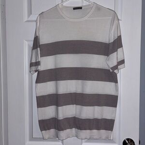 Dan John Striped Knit T-Shirt Men’s XL Cream Brown Short Sleeve Casual